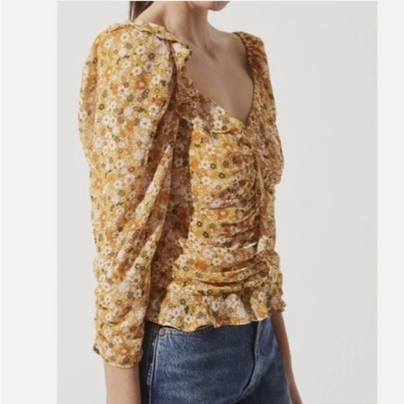 ASTR the label Ruched Puff Sleeve Sweetheart Ditsy Daisy Floral Top Size small - Picture 2 of 7